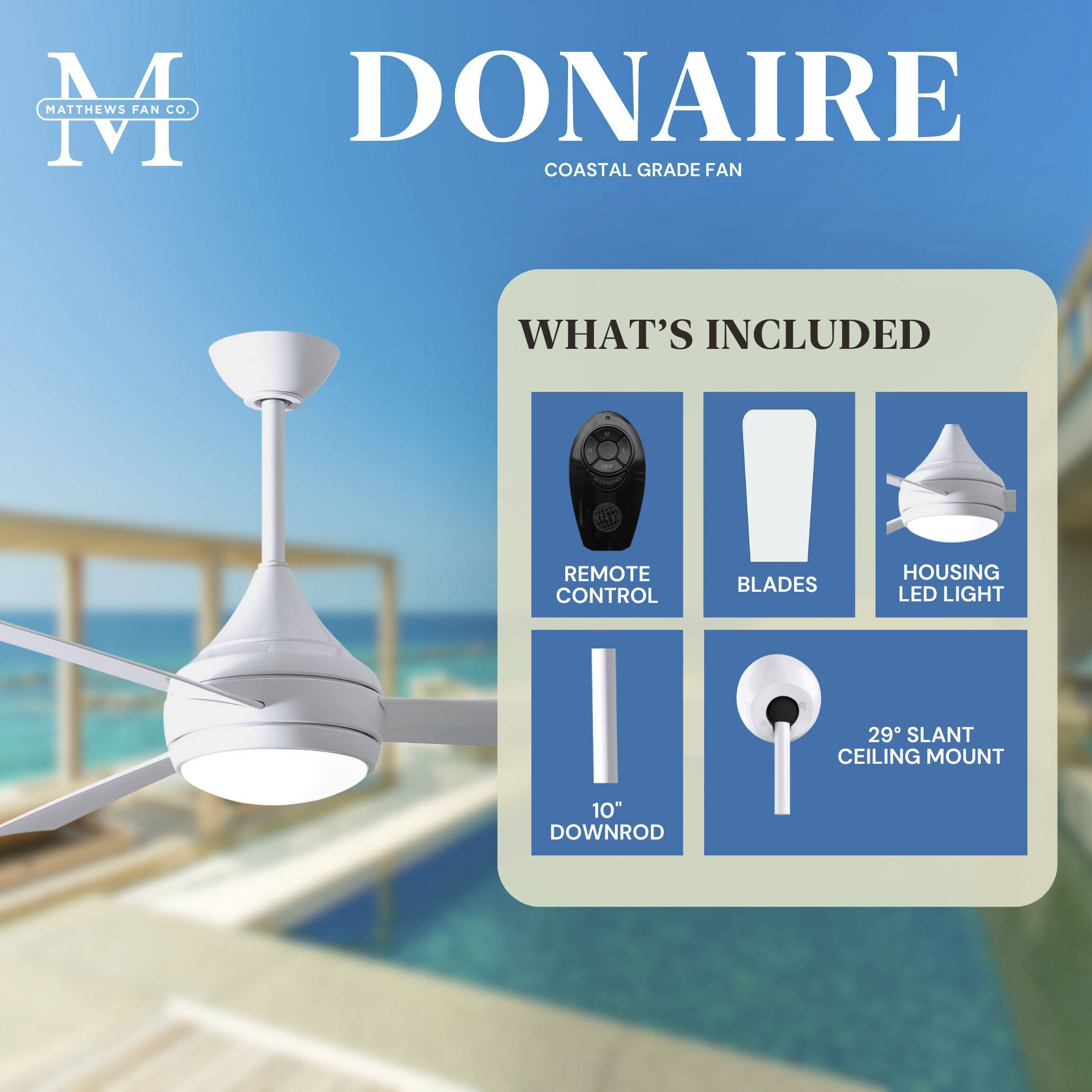 Atlas Donaire 52 inch Gloss White Paddle Fan, Coastal Wet Rated
